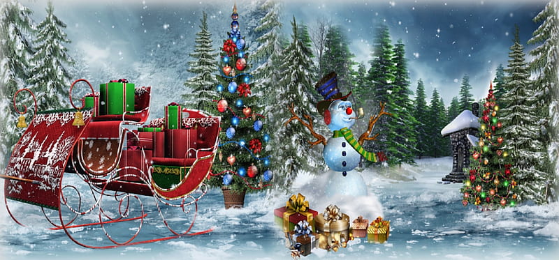 Rest Stop, sleigh, tree, holidays, christmas, snow, presents, snowman, winter, HD wallpaper