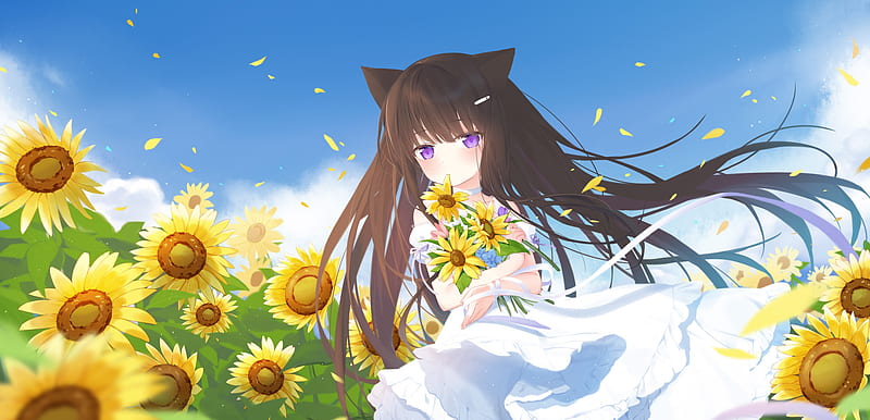 cute anime girl, summer dress, loli, sunflowers, animal ears, purple eyes, Anime, HD wallpaper