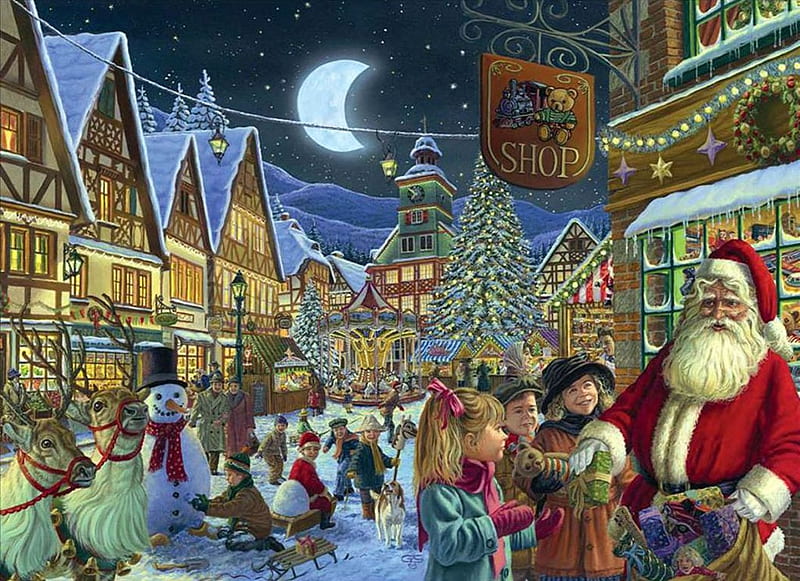 Santa Shopping For Christmas, shop, snowmen, houses, artwork, winter, snow, people, painting, village, HD wallpaper