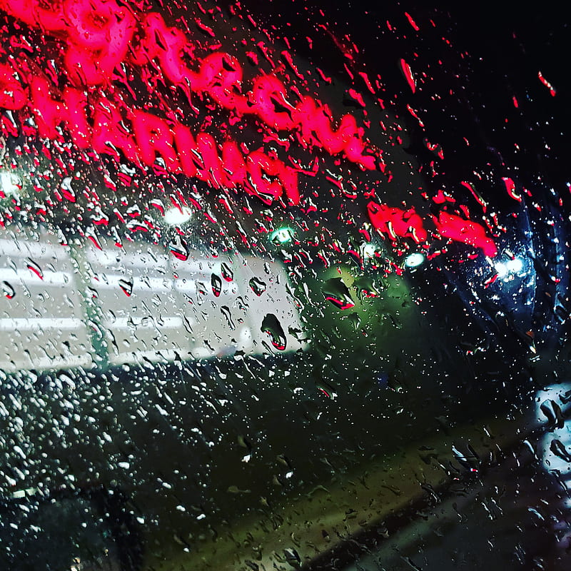 Neon night, neon lights, night, parking lot, rain, raindrops, red, walgreens, HD phone wallpaper