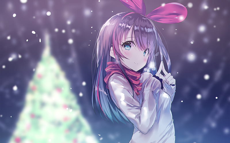 Kizuna Ai, winter, xmas tree, anime characters, videobloger, HD wallpaper