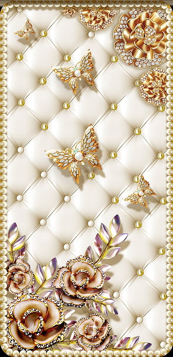 Butterfly Dreams, bonito, butterfly, dream, flower, girly, gold, pretty, roses, HD phone wallpaper