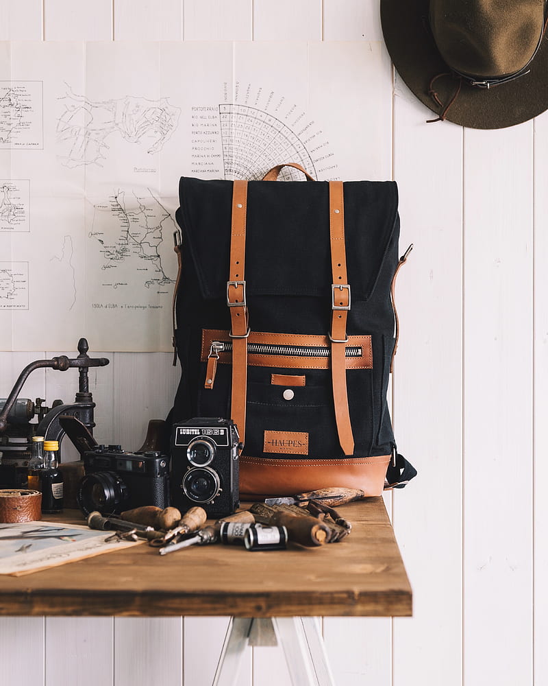 backpack, cameras, tools, maps, hat, HD phone wallpaper