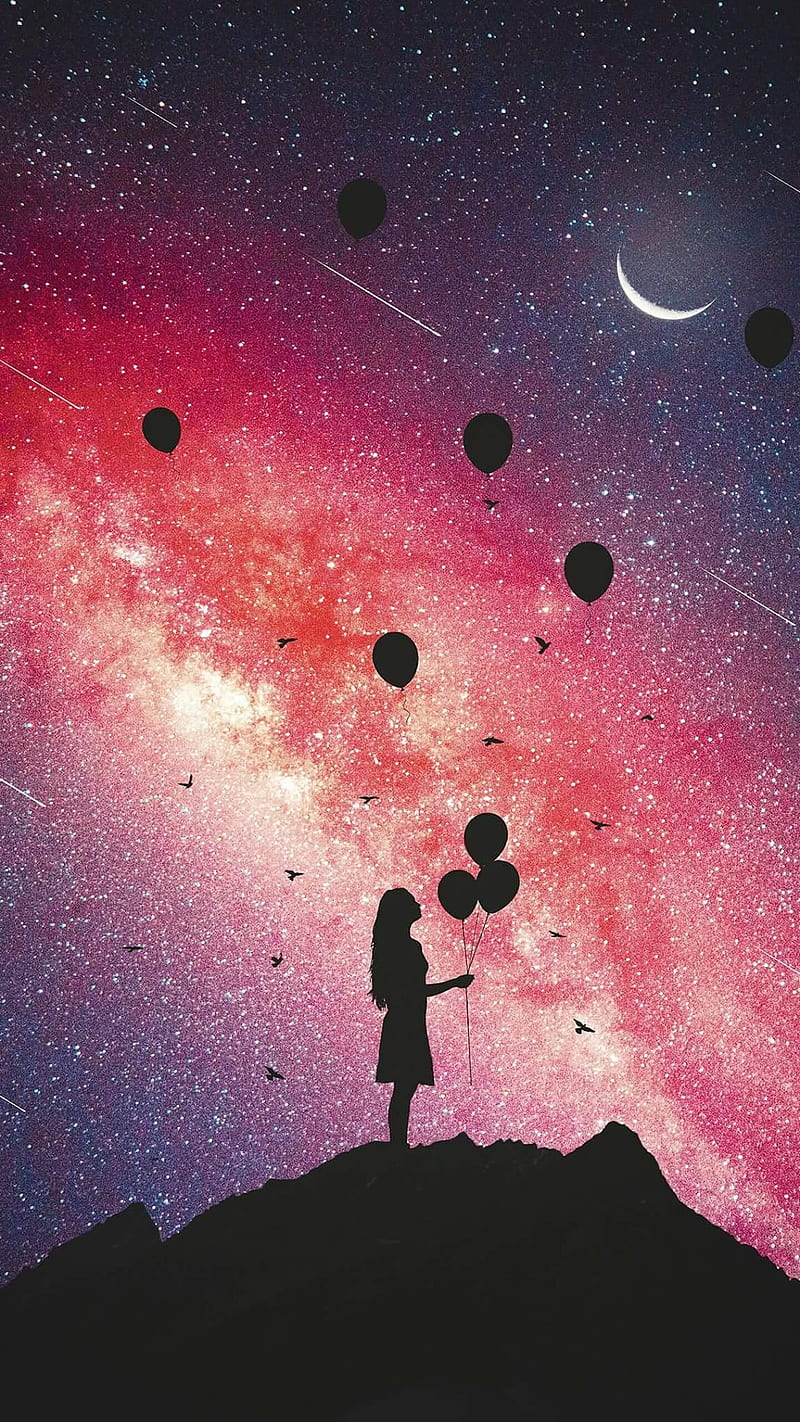 Girl 6, background, baloon, galaxy, girls, space, universe, HD phone wallpaper