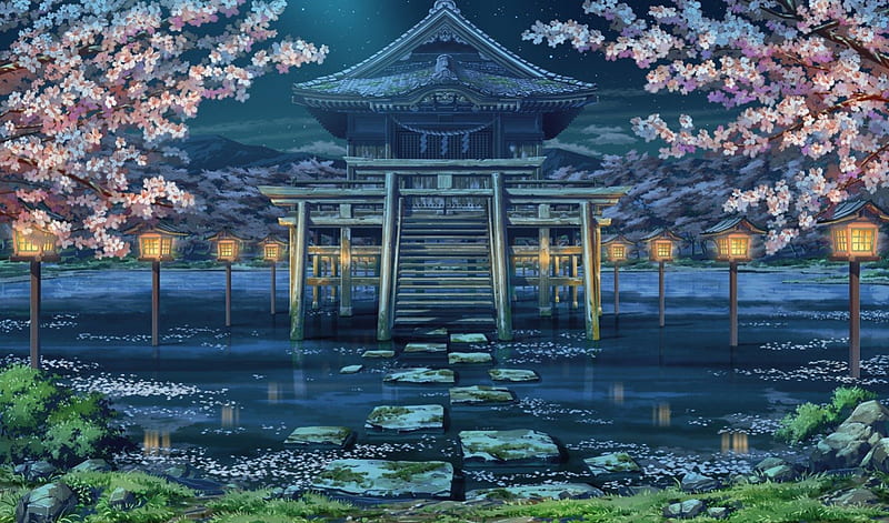 Night Shrine, pretty, scenic, sakura blossom, bonito, floral, cherry blossom, sweet, blossom, nice, anime, shrine, beauty, scenery, light, night, sakura, lamp, lovely, lake, pond, water, flower, nature, scene, HD wallpaper
