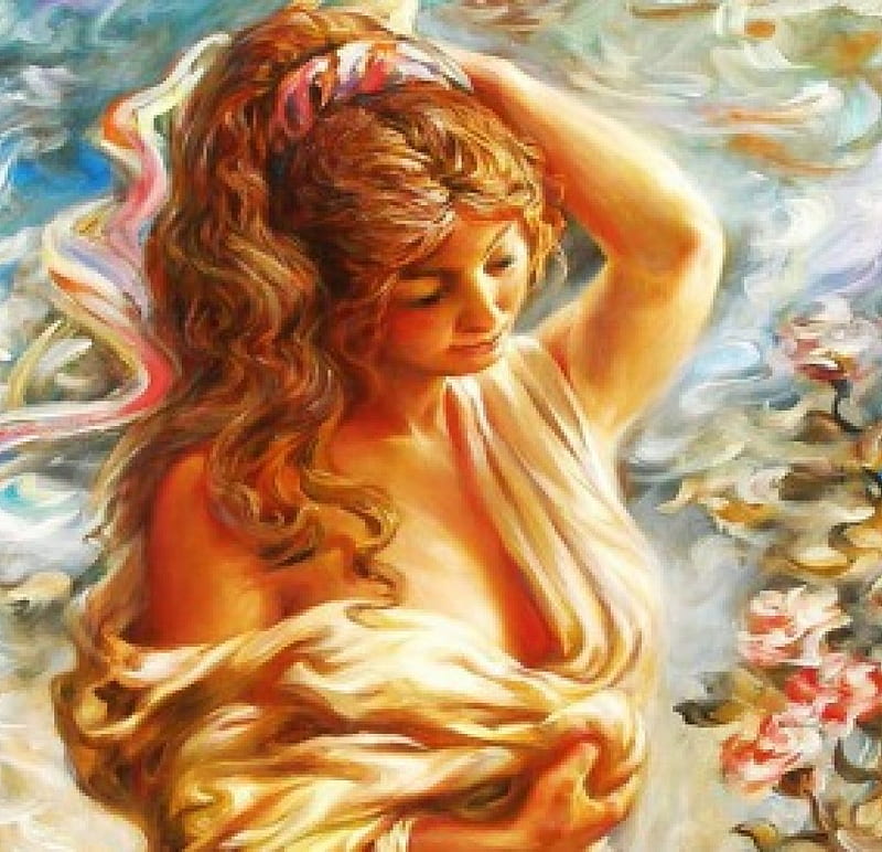 Rosemary, hair, painting, roses, woman, artwork, HD wallpaper