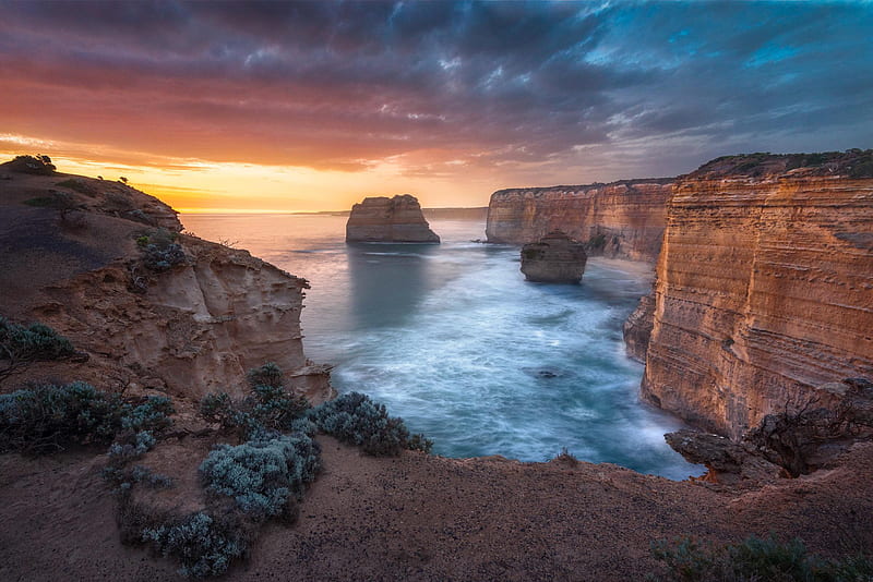 The Great Ocean Road, Victoria, Australia, sea, rocks, cliffs, colors, sunset, sky, clouds, HD wallpaper