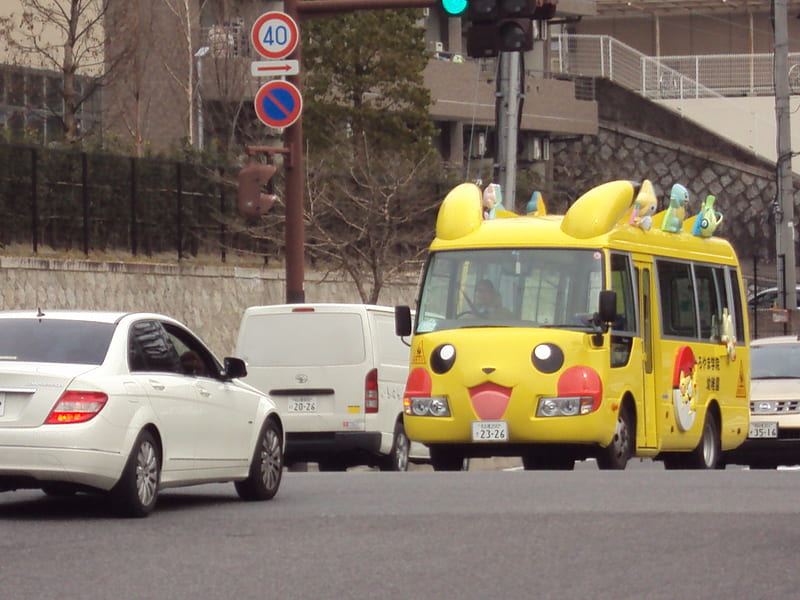 Pikachu Bus, Yellow, Buildings, carros, Travel, Transport, Bus, City, Pikachu, HD wallpaper