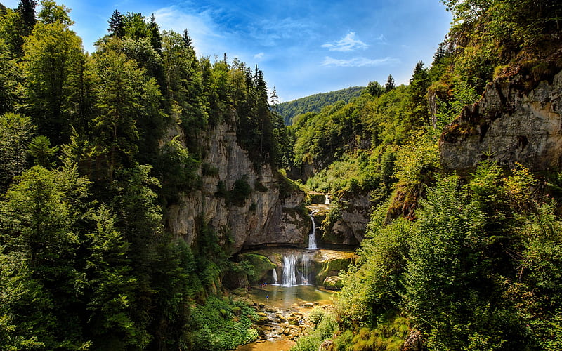 Forest, waterfall, summer, river, mountains, tourism, beautiful waterfall, HD wallpaper