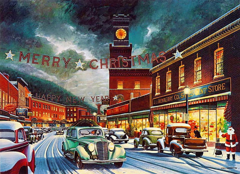 Christmas town, rush hour, bonito, lights, merry, painting, evening, street, art, holiday, time, christmas, new year, sky, winter, carros, retro, santa, snow, HD wallpaper