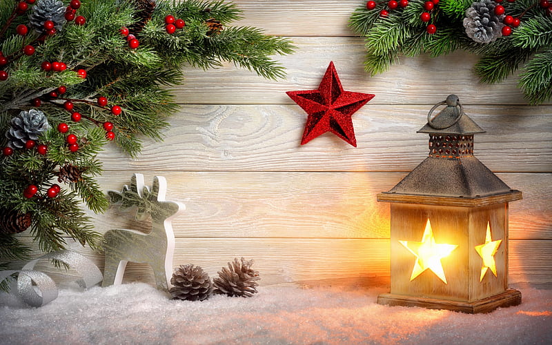 Merry Christmas!, red, deco, lantern, craciun, christmas, wood, star, card, HD wallpaper
