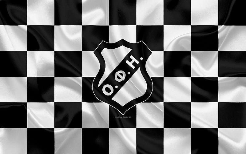 OFI FC logo, creative art, black and white checkered flag, Greek football club, Super League Greece, emblem, silk texture, Heraklion, Greece, football, OFI Crete FC, HD wallpaper