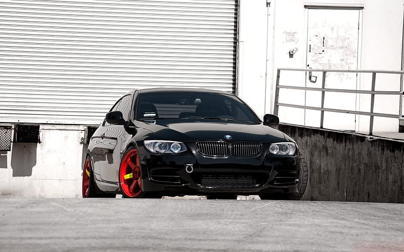 BMW M3, 335i, E92, red wheels, tuning, black m3, BMW, HD wallpaper