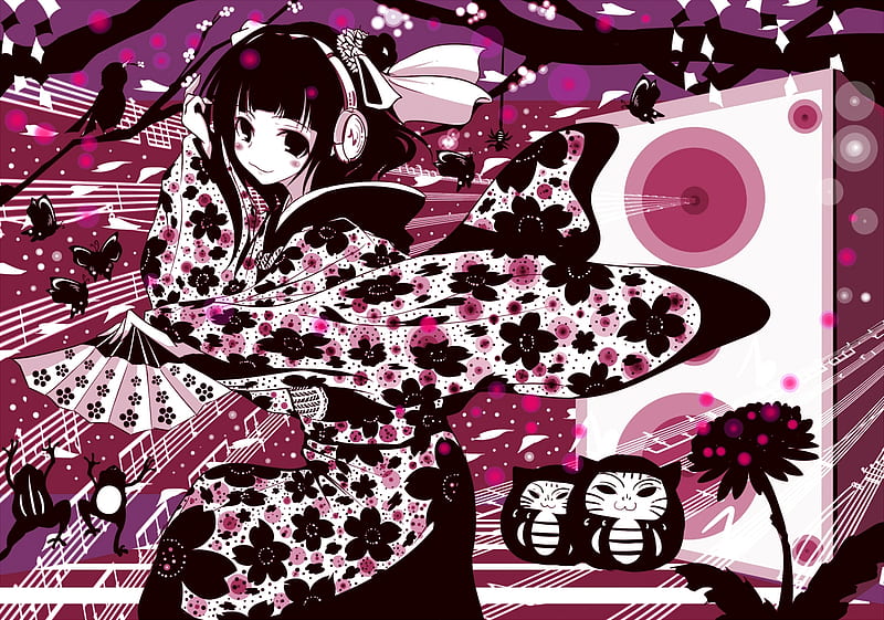 Girl, natsu, manga, black, kimono, frog, tree, butterfly, bird, anime, flower, white, pink, HD wallpaper