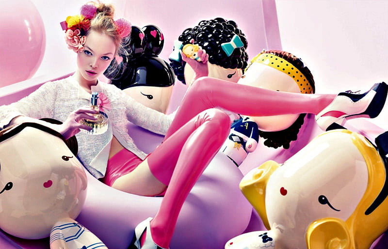 Siri Tollerod, model, black, blonde, woman, doll, cute, girl, purple, flower, funny, white, pink, HD wallpaper