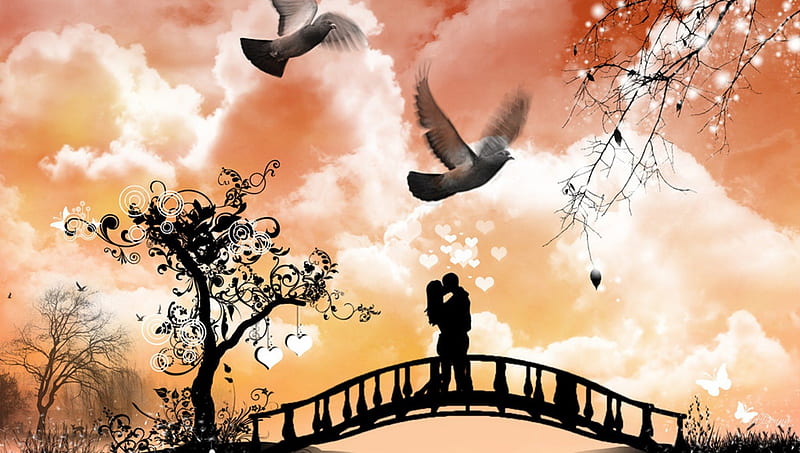 Bridge to Love, s love, stars, glow, grass, birds, spring, abstract, sky, clouds, kiss, lovers, tree, Valentines Day, bridge, couple, HD wallpaper
