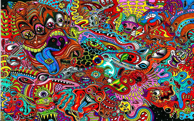 Psychedelic Faces, red, shapes, colors, black, abstract, faces, psicodelia, eyes, pink, blue, HD wallpaper
