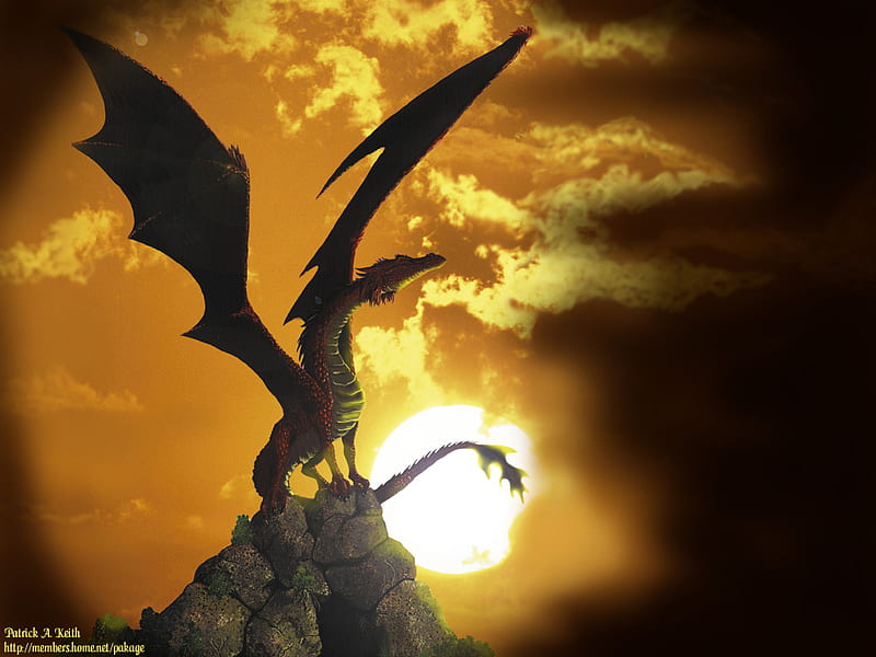 Perched Dragon at Sunset, mountain, sunset, dragon, HD wallpaper