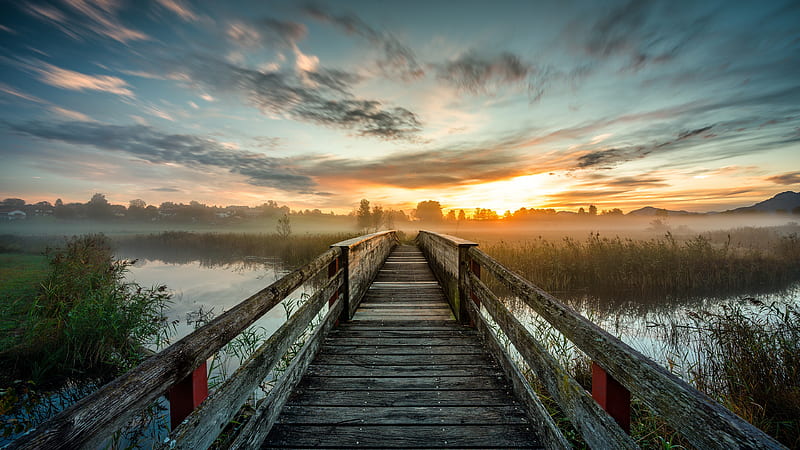 Wooden Bridge And Lake Under Blue Sky With Clouds During Sunset Nature, HD wallpaper