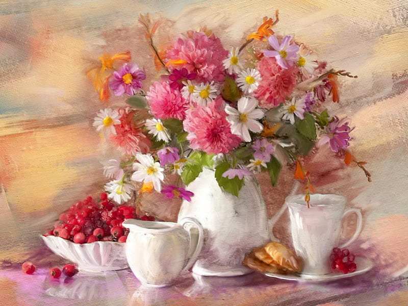 Still life, pretty, fruits, vase, bonito, tea, nice, painting, flowers, morning, tender, art, lovely, time, delicate, freshness, bouquet, coffee, berries, cup, HD wallpaper