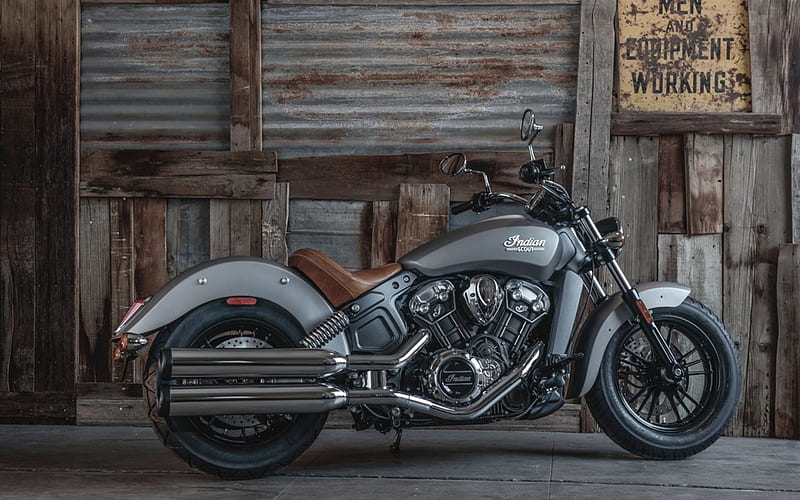 beautiful gray indian scout motorcycle, sign, warehouse, gray, motorcycle, HD wallpaper