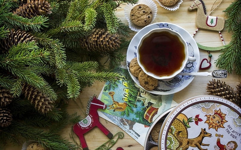 Holiday Coffee, Christmas, cookies, tree, Coffee, christmas deco, HD wallpaper