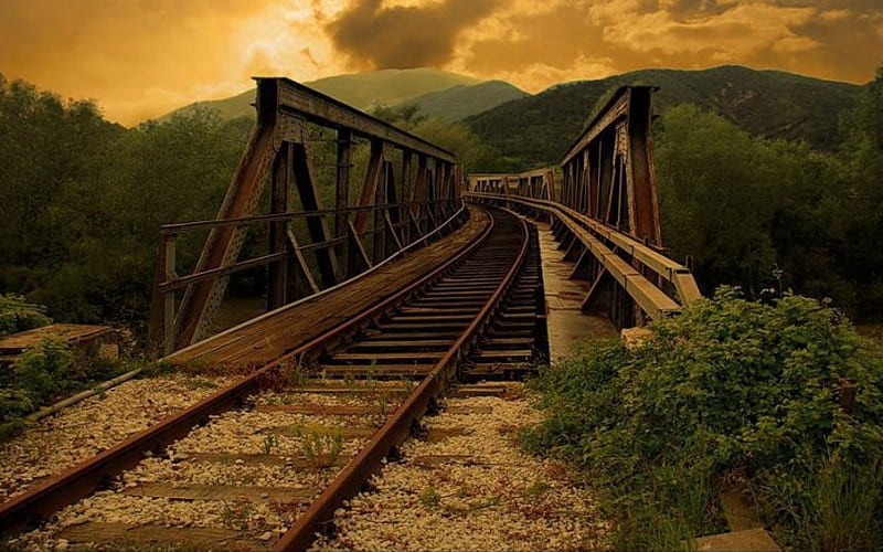 railway bridge, mountain, track, bridge, railwayy, HD wallpaper