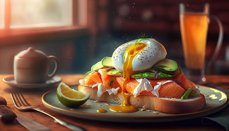 Sandwich with poached egg, Salmon fish, Bread, Cheese, Avocado, HD wallpaper