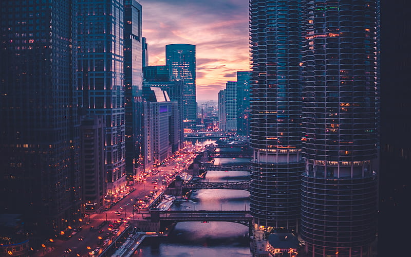 Chicago, sunset, evening city, bridges, USA, skyscrapers, Illinois, America, HD wallpaper