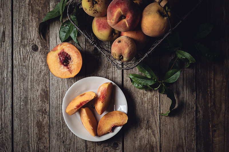 peach, fruit, wooden, plate, HD wallpaper