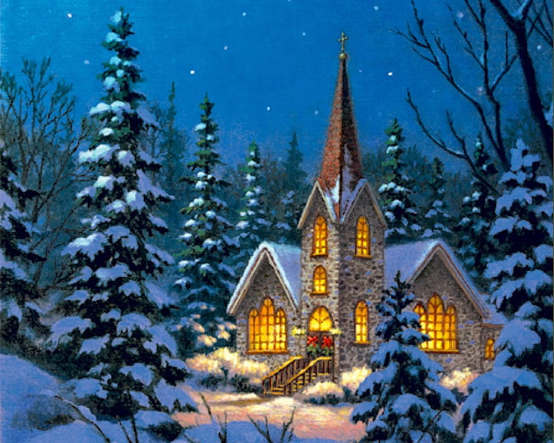 ★North Woods Chapel★, Christmas, holidays, lovely, chapels, white trees, colors, love four seasons, bonito, creative pre-made, xmas and new year, winter, paintings, snow, churches, winter holidays, HD wallpaper