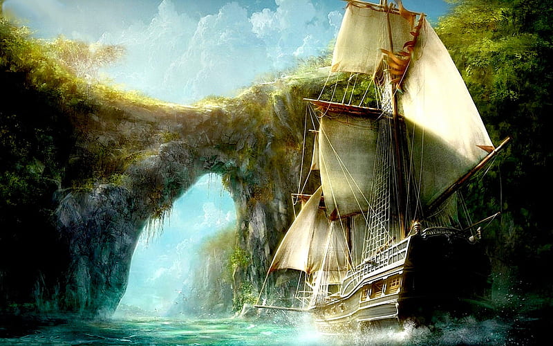 DISCOVERED new KINGDOM, art, sail boat, arch, sailing, sea, HD wallpaper