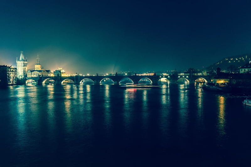 Prague, Charles Bridge, city, buildings, river, lights, night, HD wallpaper