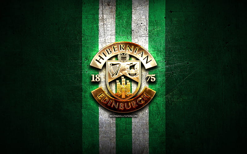Hibernian FC, golden logo, Scottish Premiership, green metal background, football, scottish football club, Hibernian logo, soccer, FC Hibernian, HD wallpaper