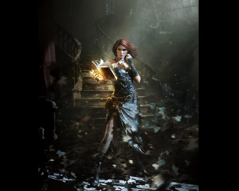 Casting A Spell, witch, fantasy, stairs, red head, spell book, HD wallpaper
