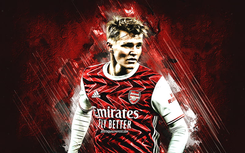 Martin Odegaard, Arsenal FC, Norwegian footballer, midfielder, red stone background, Premier League, football, HD wallpaper