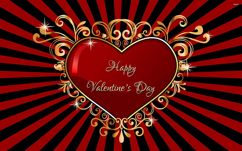 Happy Valentine\'s Day, red, Valentines, Valentines Day, gold, heart, black, HD wallpaper