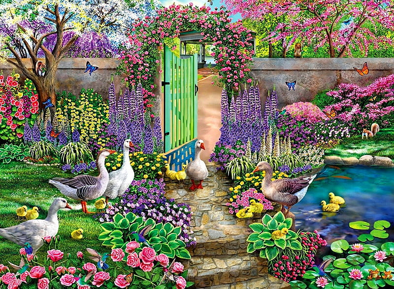 Summer Garden, squirrel, butterflies, artwork, door, pond, geese, painting, flowers, river, HD wallpaper
