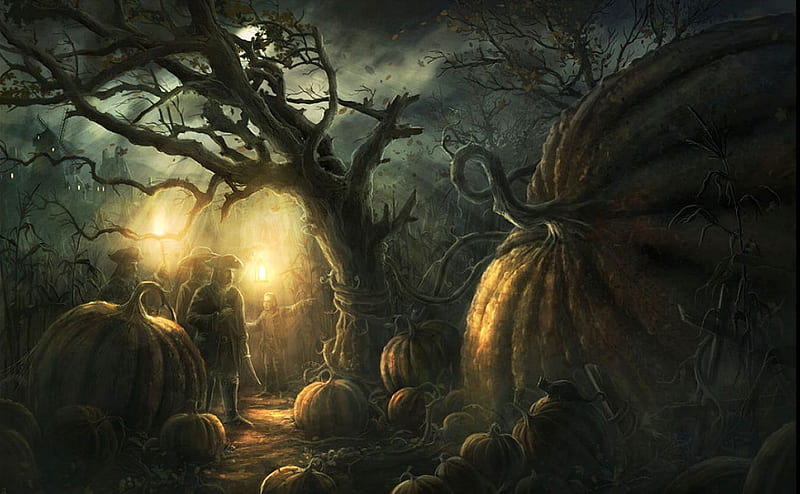 Mother Pumpkin, art, tree, house, windmill, halloween, scary, moonlight, night, HD wallpaper