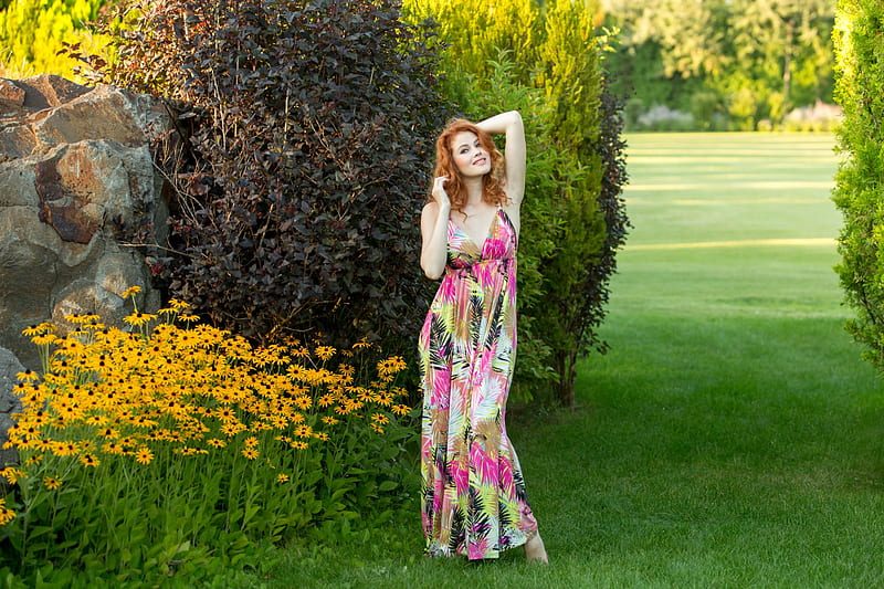 Heidi Romanova, dress, model, redhead, flowers, outdoors, HD wallpaper
