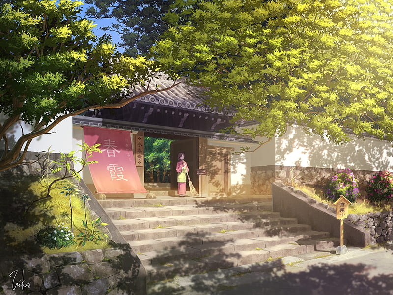anime landscape, girl, foliage, trees, apron, kimono, stairs, building entrance, Anime, HD wallpaper