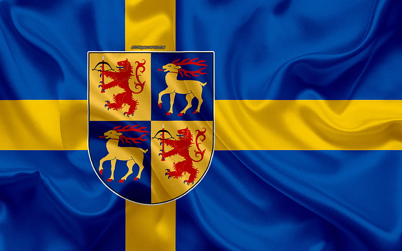 Coat of arms of Kalmar lan silk flag, Swedish flag, Kalmar County, Sweden, flags of the Swedish lan, silk texture, Kalmar lan, coat of arms, HD wallpaper