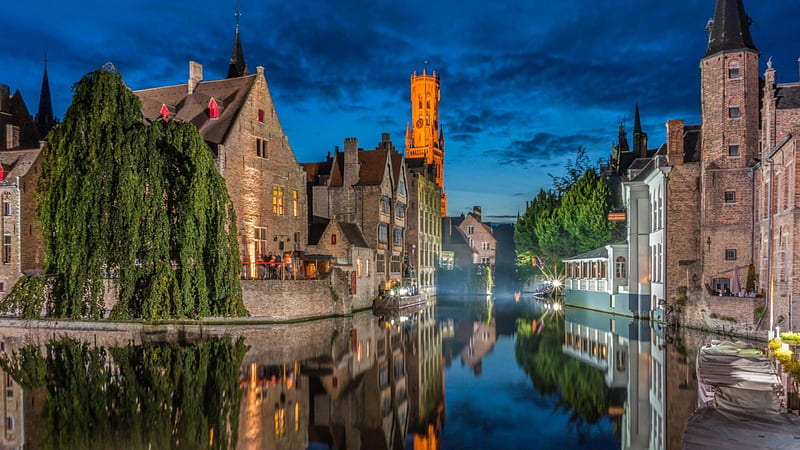 tranquil canal in bruges belgium in evening, tranquil, city, canal, evening, church, HD wallpaper