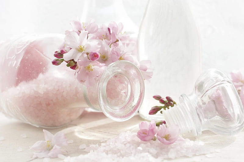 Jars of pink salt, macro, flowers, salt, inflorescence, pink, jars, HD wallpaper