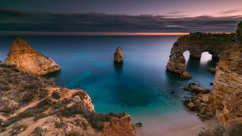 Algarve Coast Landscape Portugal Rock And Ocean During Sunset Nature, HD wallpaper