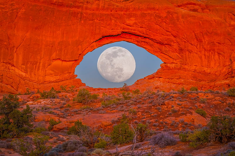 Full Moon at Arches NP, Utah, nature, moon, usa, canyons, HD wallpaper