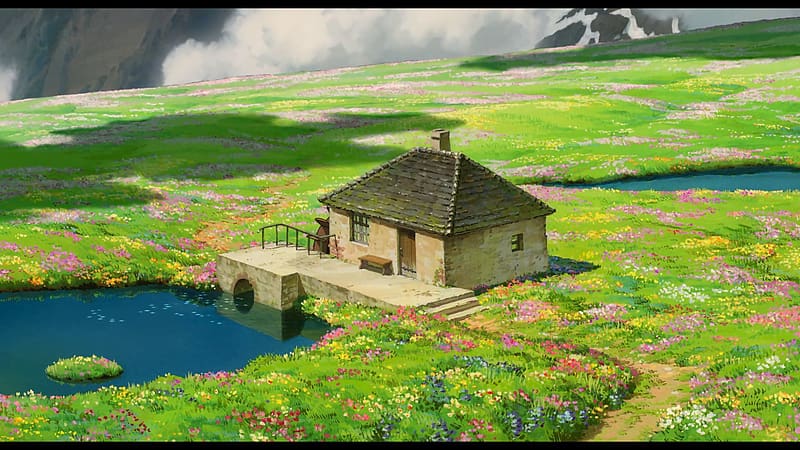 Anime, Water, Flower, House, Field, Cottage, Howl's Moving Castle, Studio Ghibli, HD wallpaper