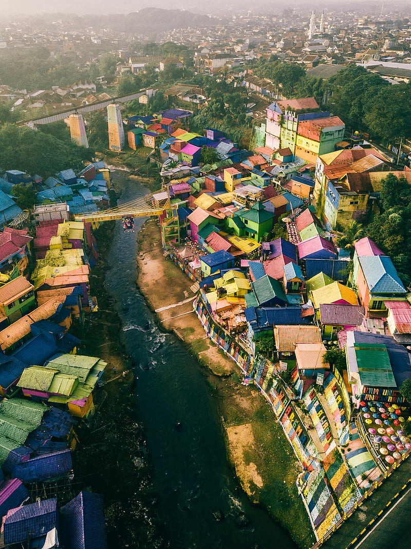 high angle graphy of rainbow painted roofed houses, HD phone wallpaper