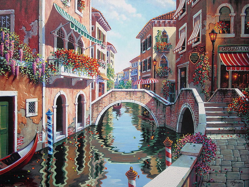 Rendez-vous in Venice F5Cmp, art, bob pejman, canal, cityscape, stairs, artwork, bridge, pejman, painting, cobblestone, streets, scenery, HD wallpaper