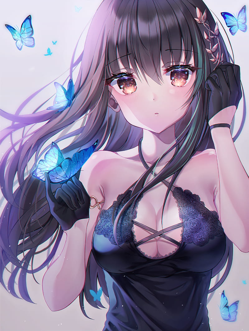 anime girls, Girls Frontline, m4a1 (girls frontline), black dress, dress, no bra, cleavage, bare shoulders, dark hair, brown eyes, butterflies, Clming, butterfly, HD phone wallpaper